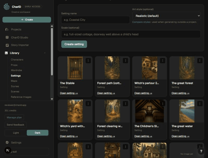 The setting library showing a grid of setting cards with reference images