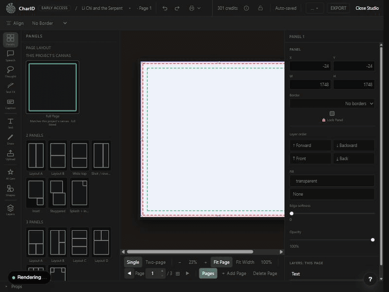 The Studio canvas with a page open and a panel selected for generation