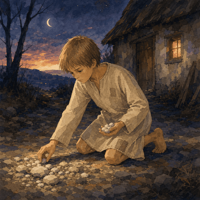 Hansel dropping pebbles on the path outside the cottage at night.