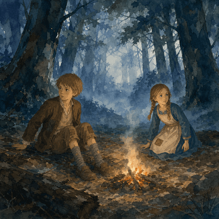 Hansel and Gretel resting by a campfire, lost in the dark forest.