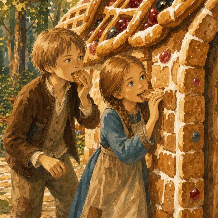 Hansel and Gretel discovering the gingerbread house in the woods.