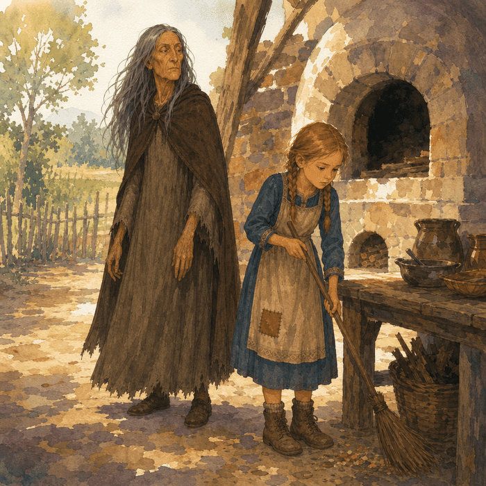 Gretel sweeping for the witch by the oven.