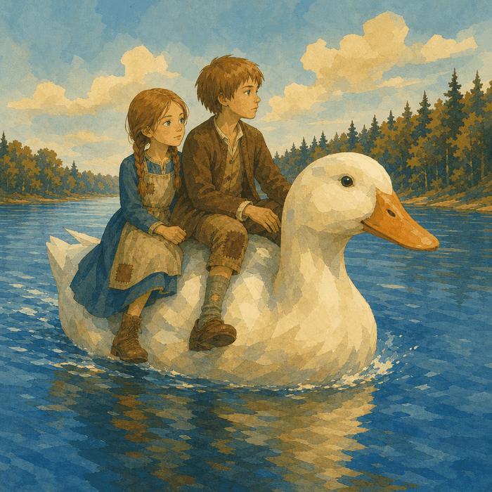 Hansel and Gretel riding a giant duck across the water, escaping for home.