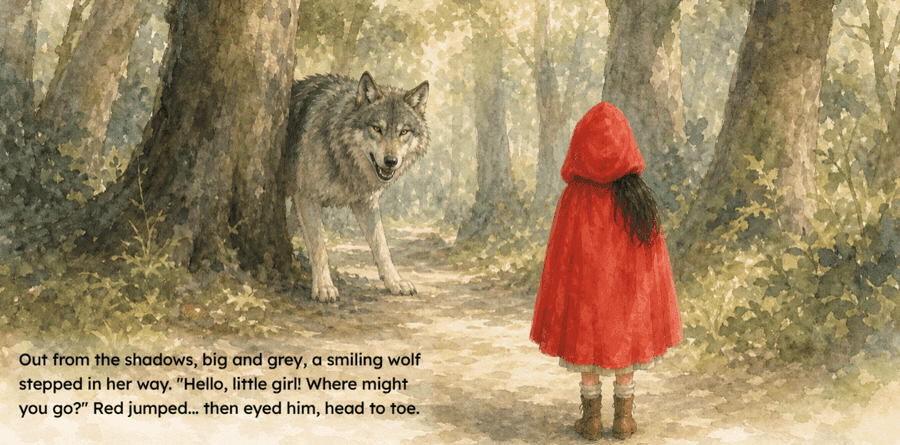 Little Red Riding Hood facing the wolf on the forest path, with its storybook caption.