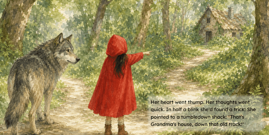 Little Red Riding Hood pointing the wolf toward the old cottage, telling him that's where Grandma lives, with its storybook caption.