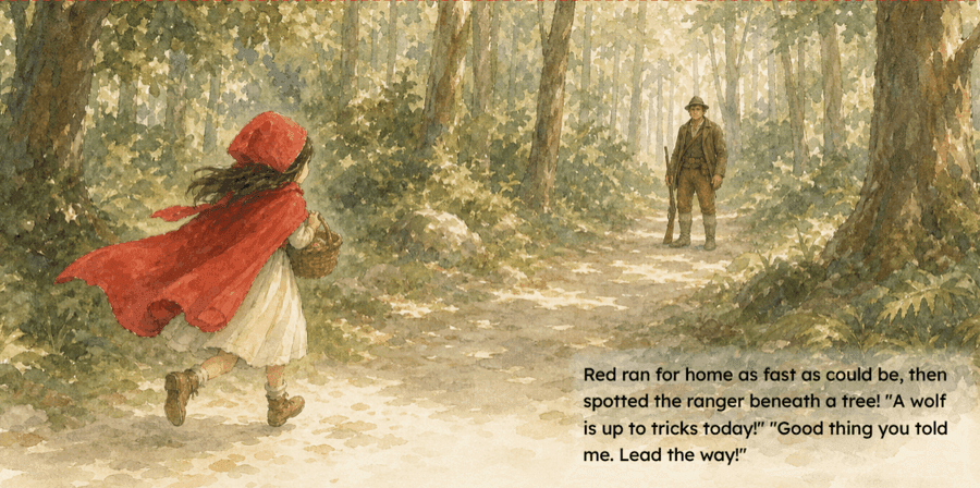 Little Red Riding Hood running to fetch the huntsman, with its storybook caption.