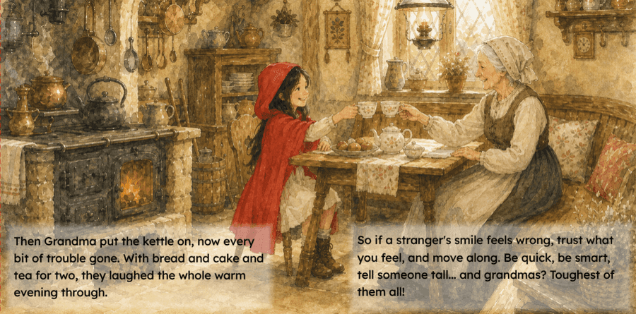 Little Red Riding Hood and Grandma having tea together, with its storybook caption.