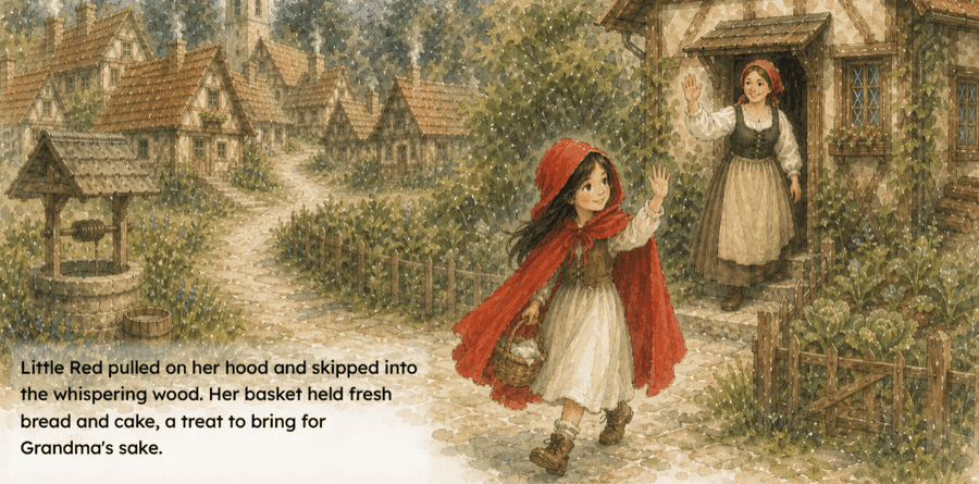 Little Red Riding Hood waving goodbye to her mother in the village, with its storybook caption.