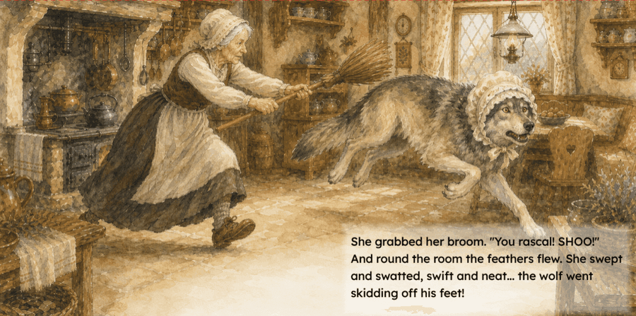 Grandma chasing the wolf out of the kitchen with a broom, with its storybook caption.