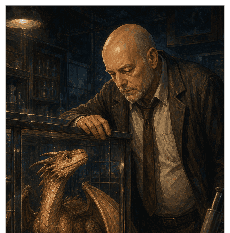 Dr. Chadsworth looking at a young dragon in its cage at the laboratory.