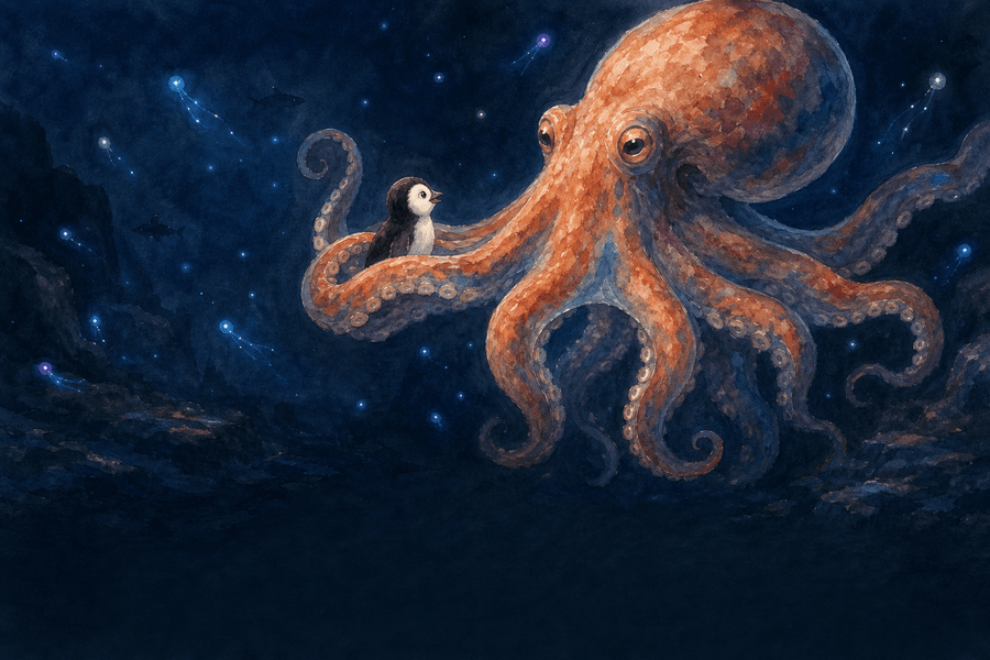 A baby penguin cradled in an octopus's tentacles under a starry sea, with sharks swimming past.