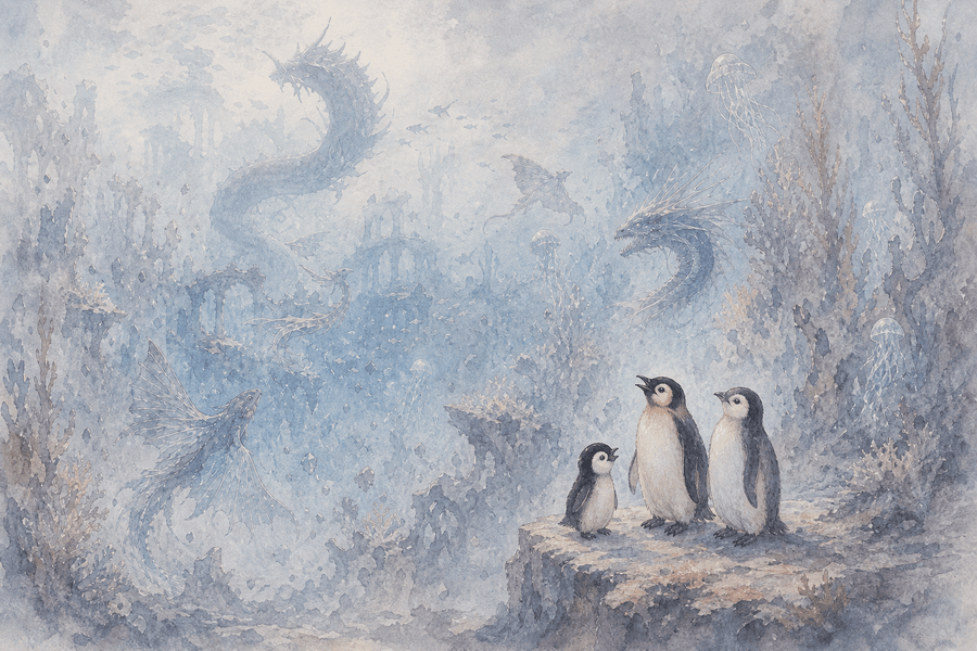 Three penguins on a rock ledge among misty underwater ruins, a sea-serpent and a flying fish-dragon.