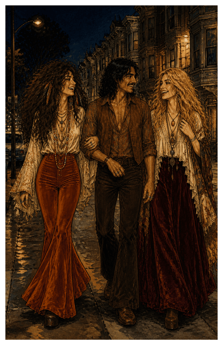 Three friends walking arm in arm down a lamplit city street at night, page 1 of Mystic Crystals.