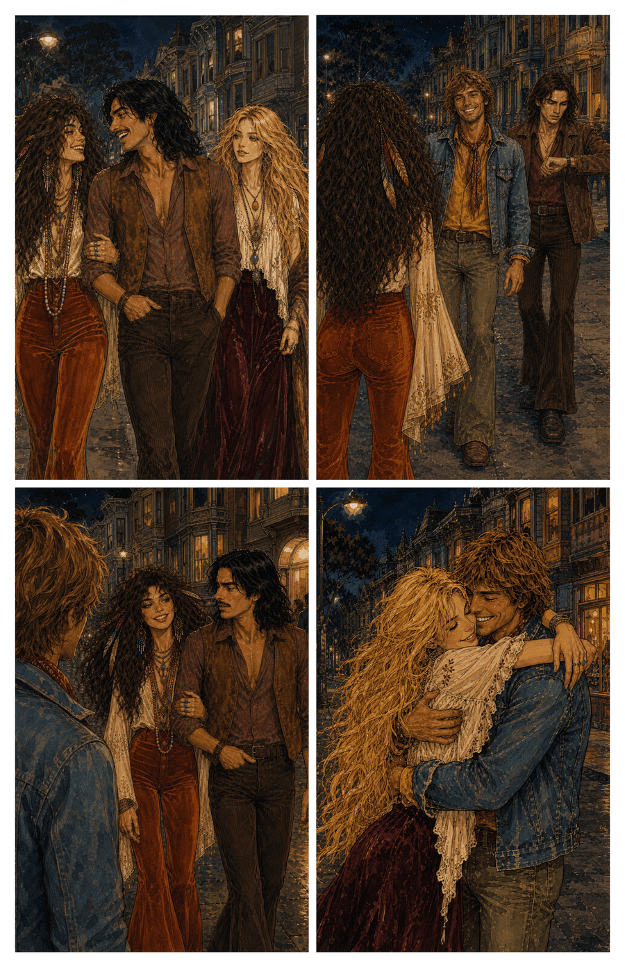 A four-panel page of the same three friends continuing their walk through the city at night, page 2 of Mystic Crystals.