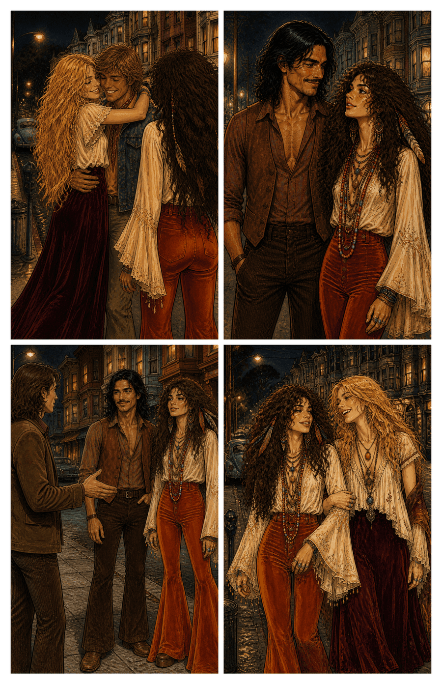 A four-panel page of the three friends greeting another friend on the street, page 3 of Mystic Crystals.