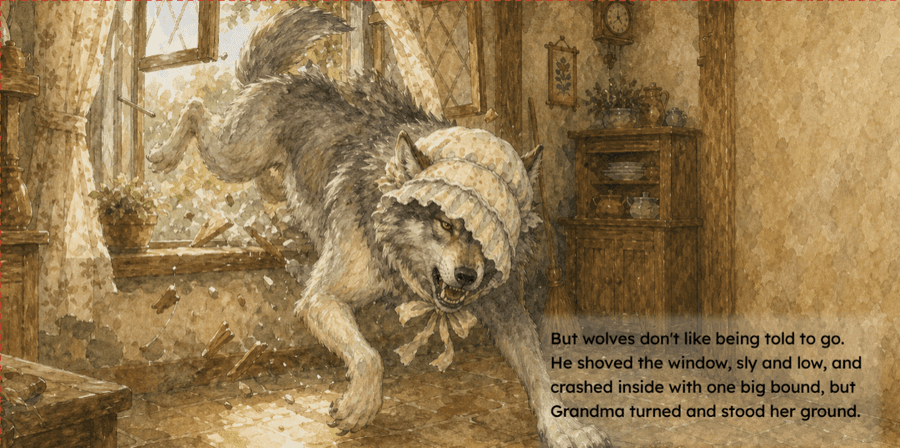 The wolf, in a nightcap, crashing in through the bedroom window, with its storybook caption.
