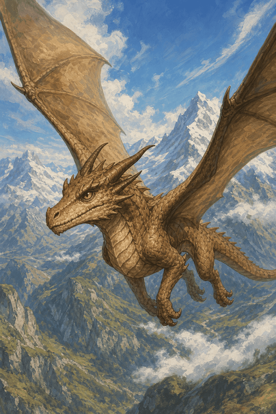 Sarro flying over snow-capped mountains.