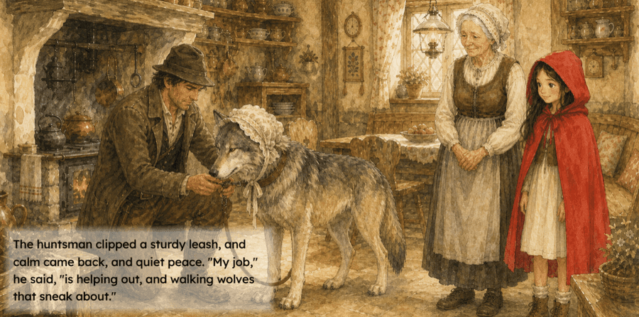 The huntsman clipping a leash on the wolf, with its storybook caption.