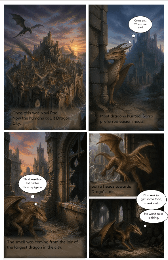A second lettered City of Dragons graphic-novel page, with its panels and speech bubbles.