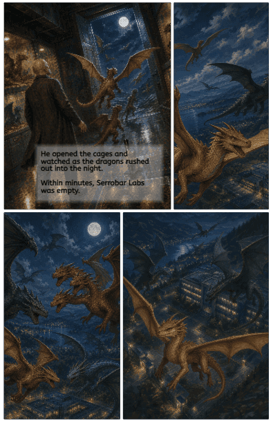 A lettered City of Dragons graphic-novel page: dragons escaping the lab, with its narration captions.