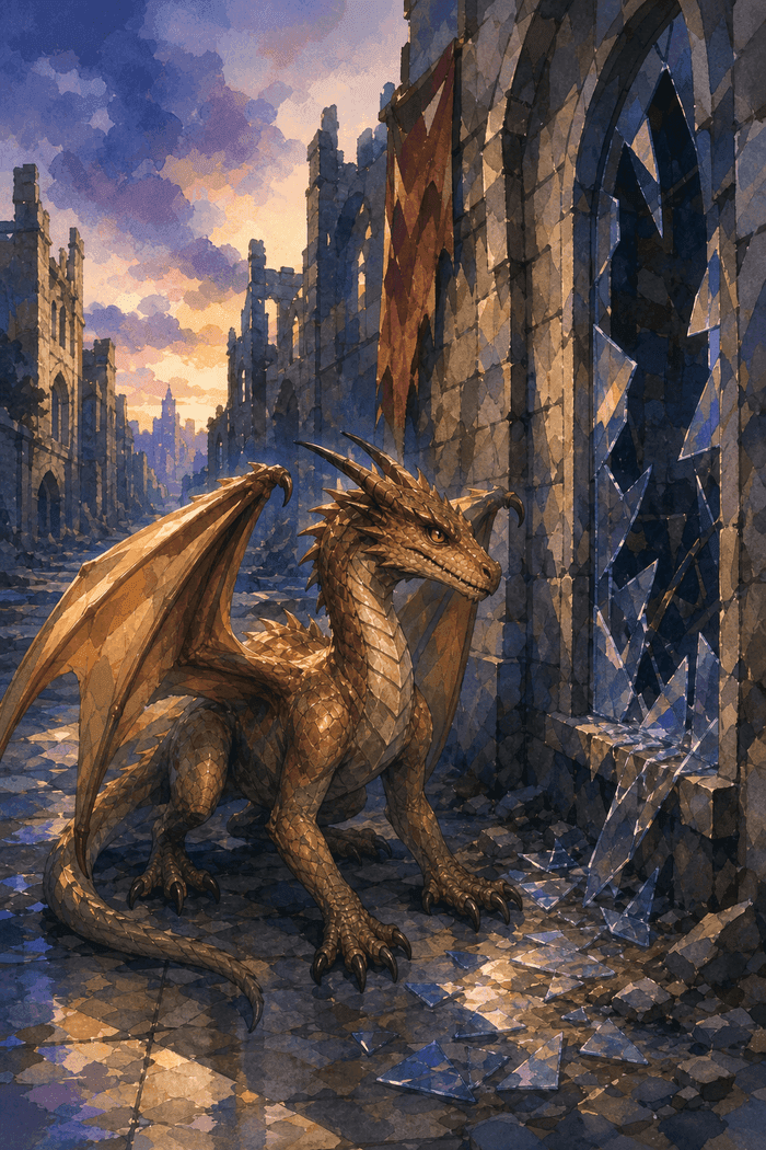 Sarro the dragon by a shattered window, rendered in the Editorial Watercolor style.