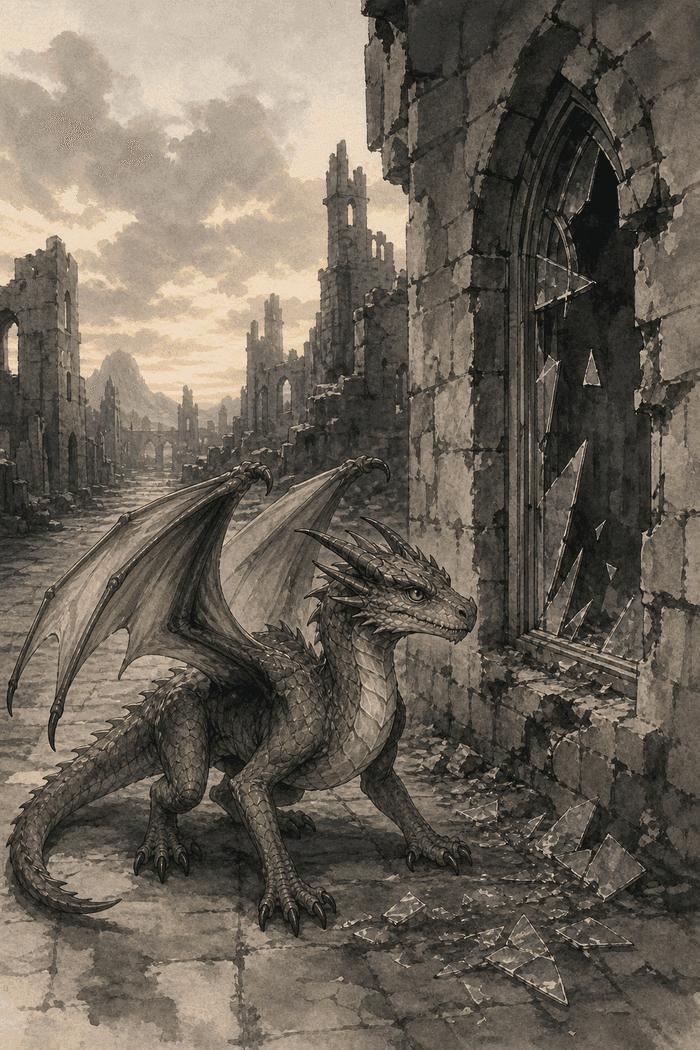 Sarro the dragon by a shattered window, rendered in the Ink Wash style.